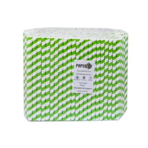 Słomka papierowa 10 mm x 197 mm, 250 sztuk, BIAŁO-ZIELONA