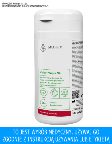 MEDISEPT VELOX WIPES BEZALKO. 100 szt. - puszka - Bezalkoholowe chusteczki do mycia i dezynfekcji małych powierzchni i sprzętu medycznego