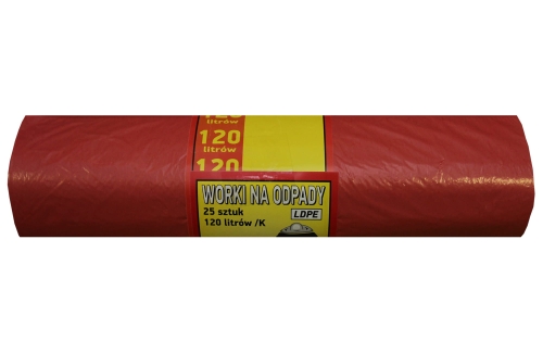 Worki na śmieci 120 L, 25 szt., CZERWONE, LDPE, MOCNE! 01212 IKA