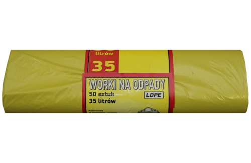 Worki na śmieci 35 L, 50 szt., ŻÓŁTE, LDPE, MOCNE! 01199 IKA